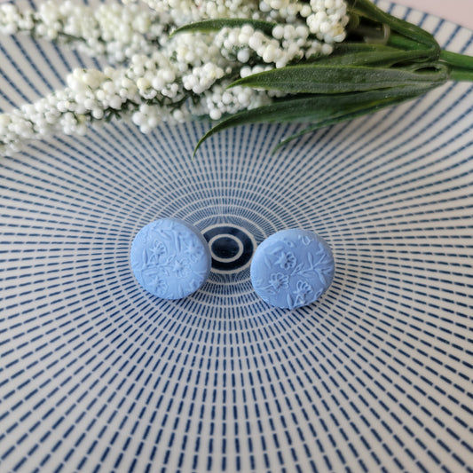 Circle Studs | Sky Blue | Embossed Floral Print