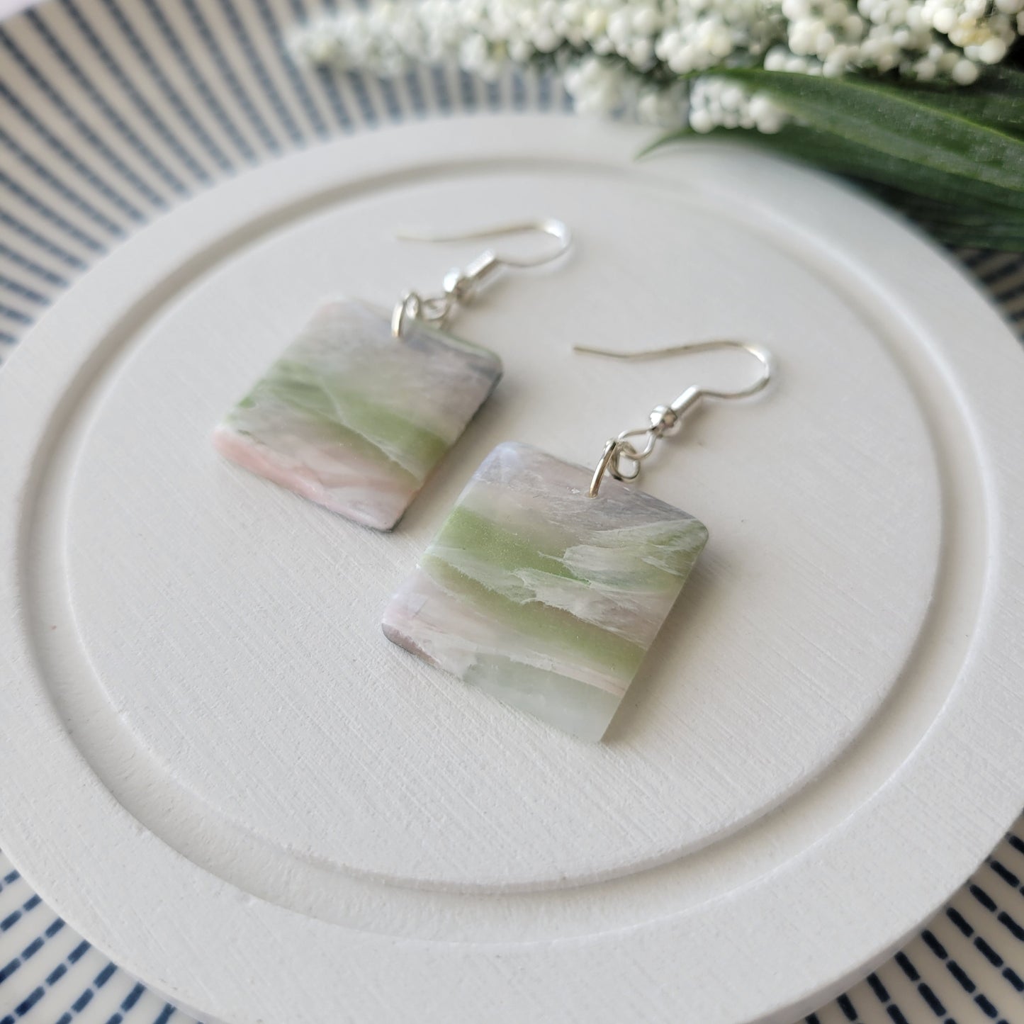 Square Dangle | Green and Pink Marble