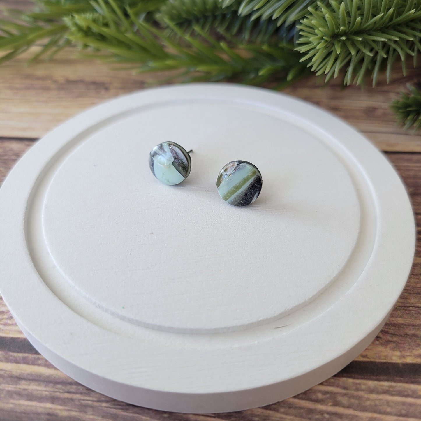 Circle Studs | Green Camo Swirl