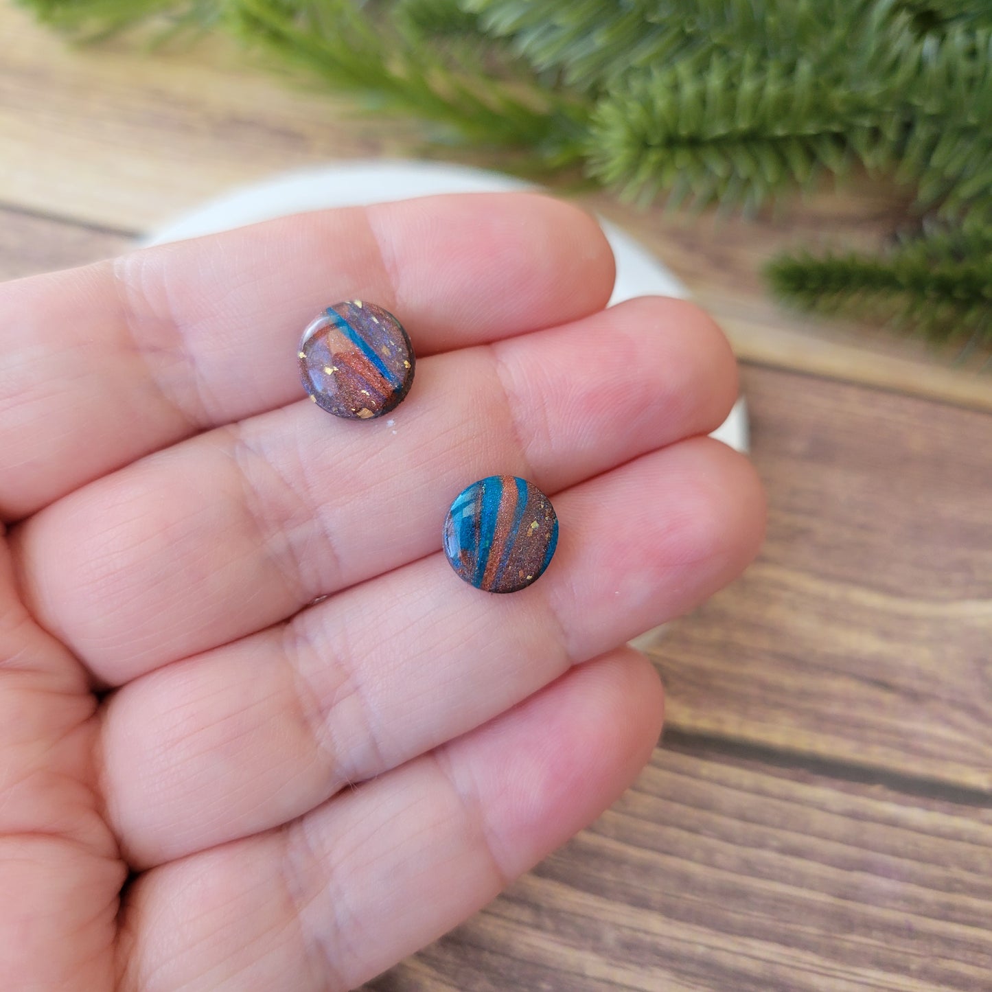 Circle Studs | Bronze and Blue Marble