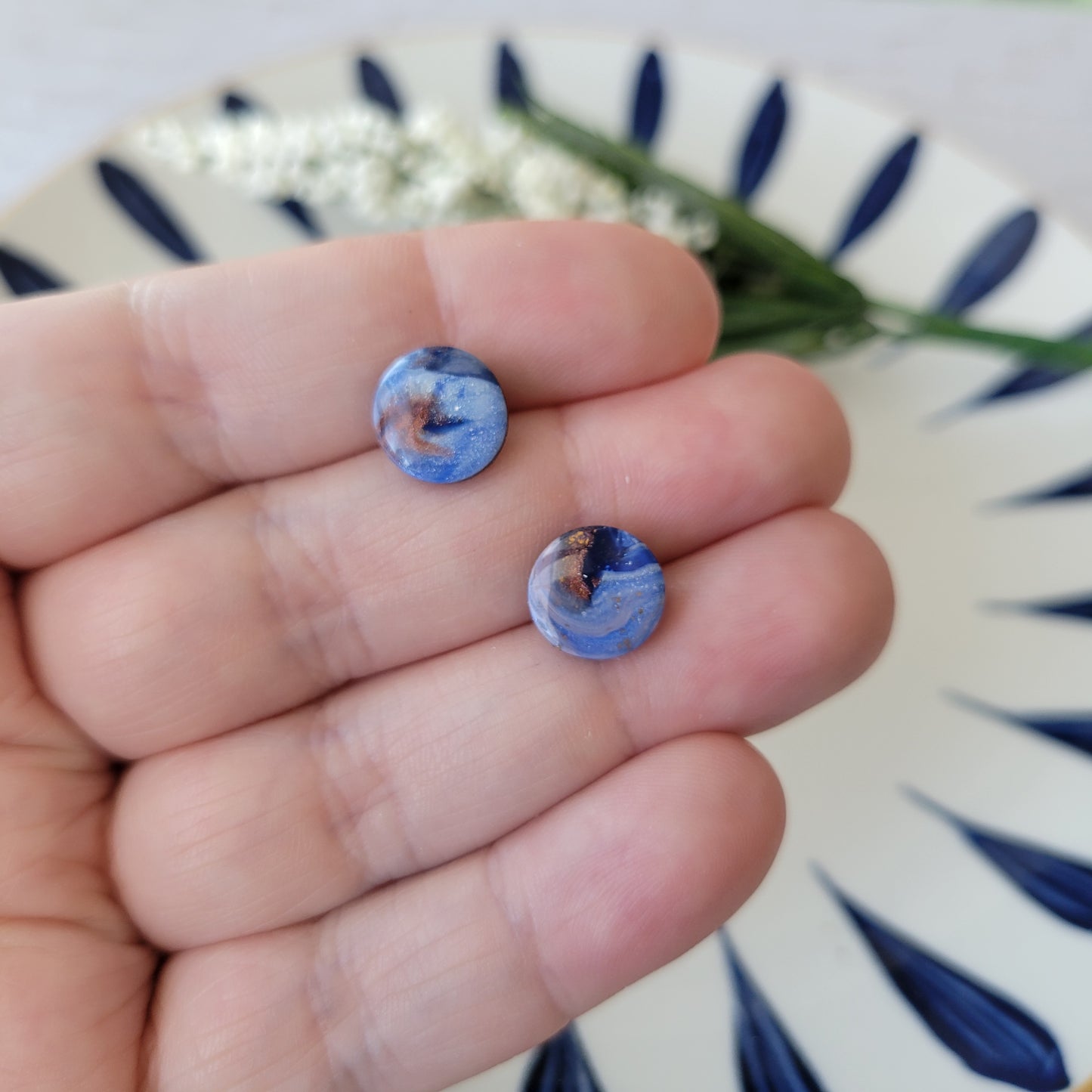 Circle Studs | Blue Brown Marble Swirl