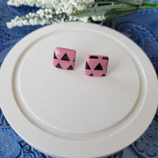 Square Studs | Pink with Black Triangles