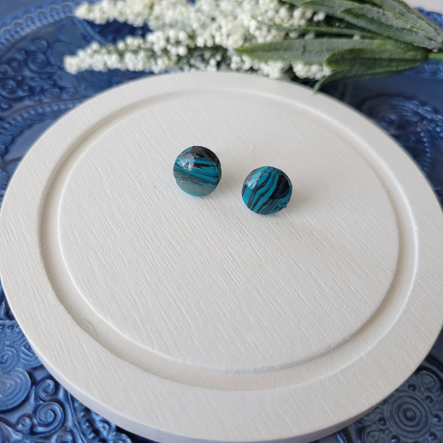 Circle Studs | Teal and Black Swirl