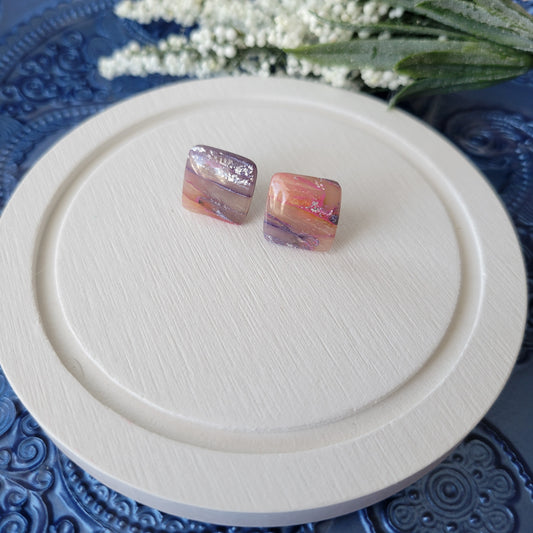 Square Studs | Pink and Purple Marble