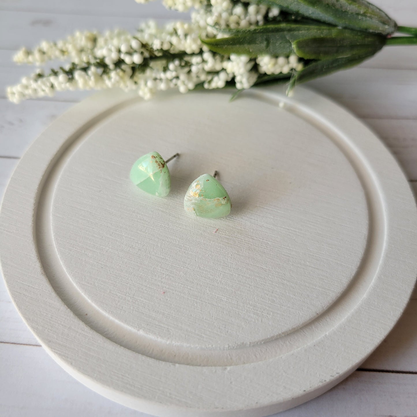 Reuleaux Triangle Studs | Light Green Marble