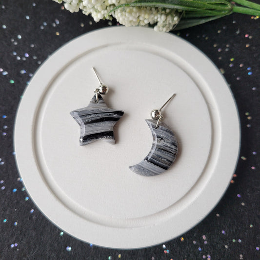 Astella Star and Moon Dangle | Black Striped Marble