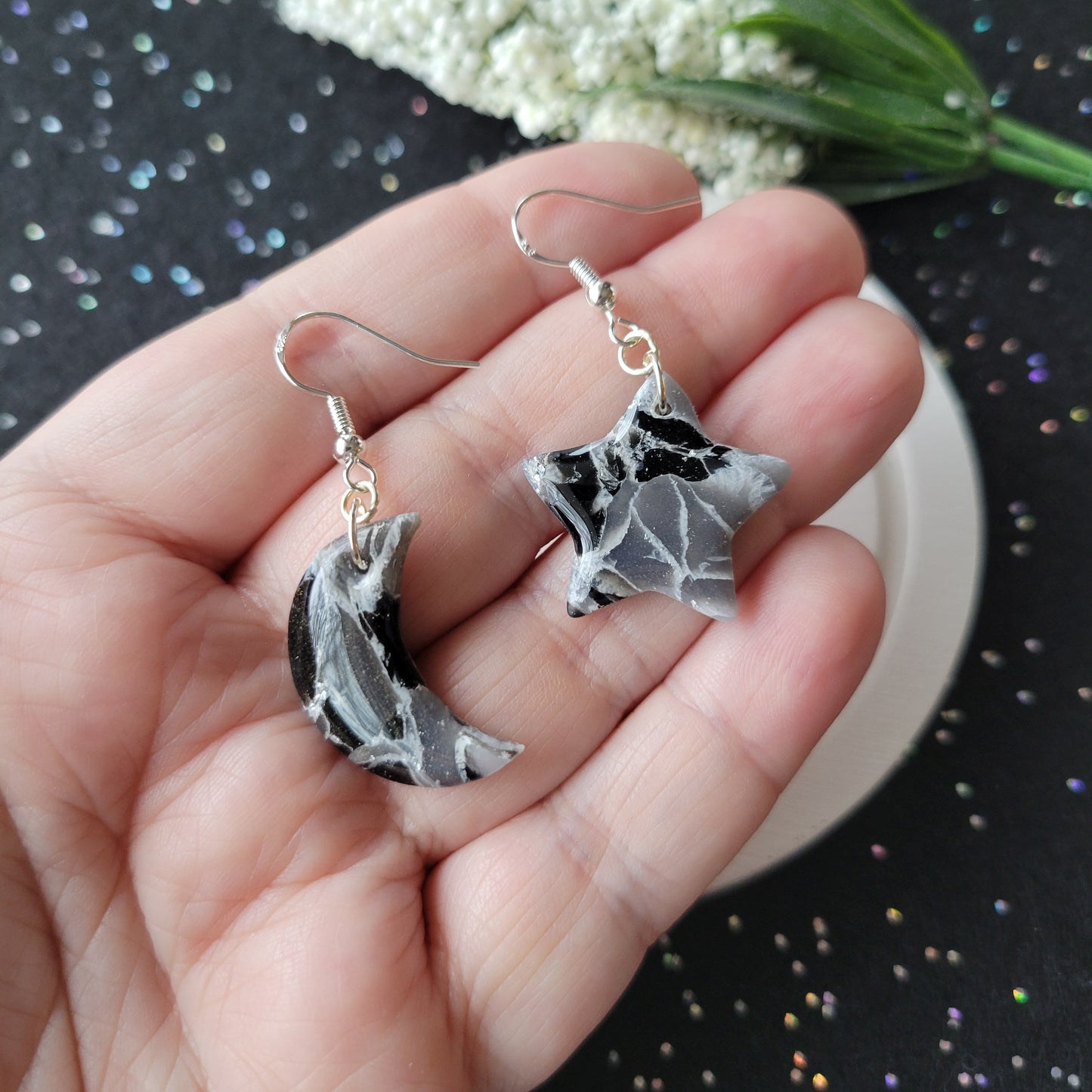 Astella Star and Moon Dangle | Black Marble