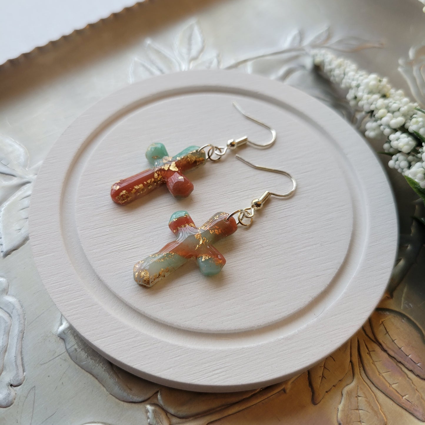 Cross Dangle | Green and Orange Marble