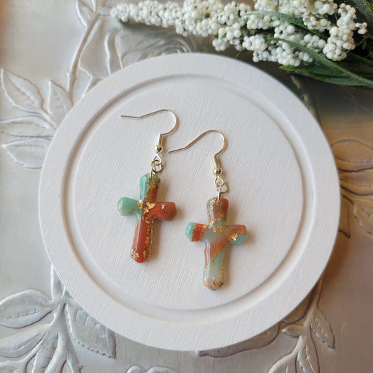 Cross Dangle | Green and Orange Marble