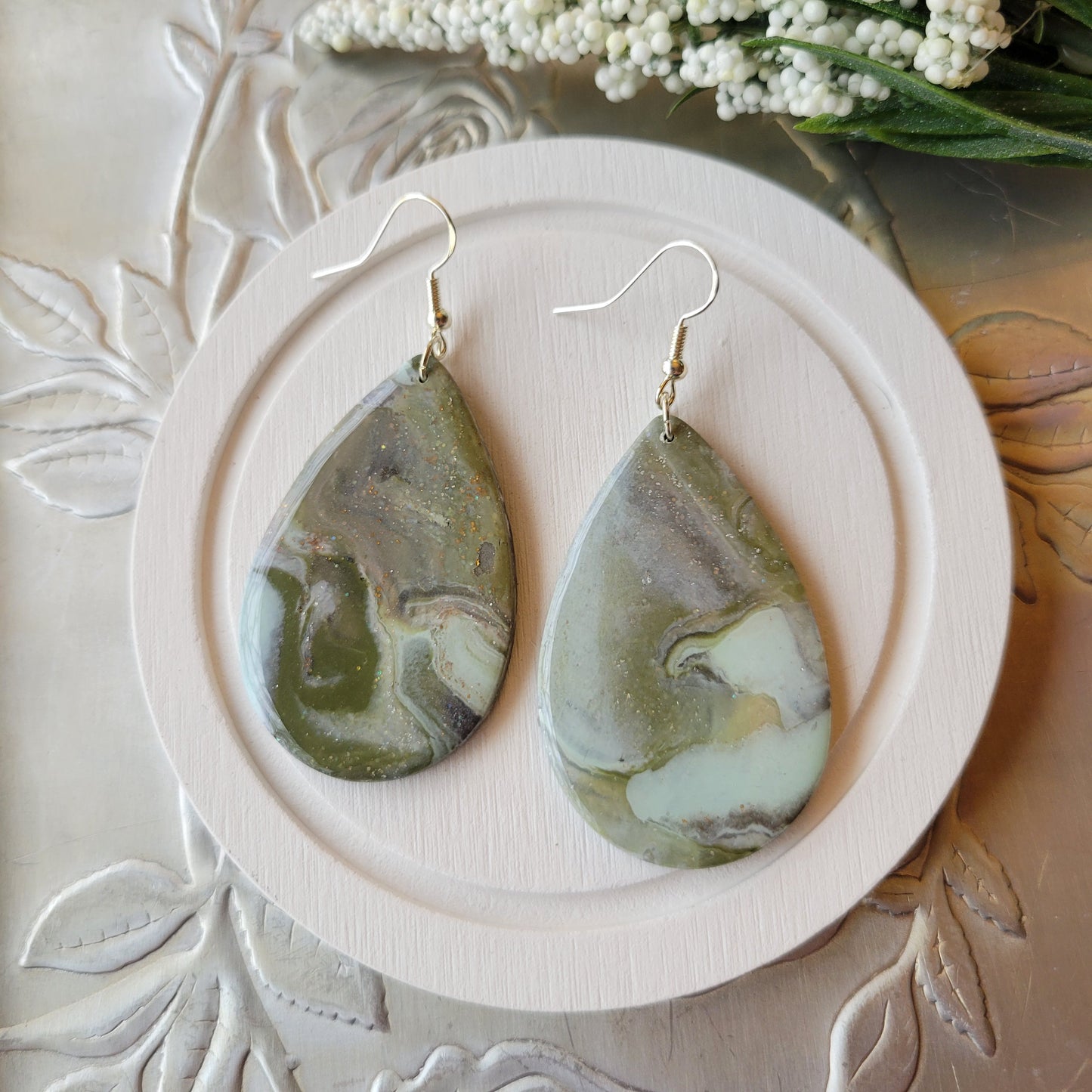 Teardrop Dangle | Green Camo Marble