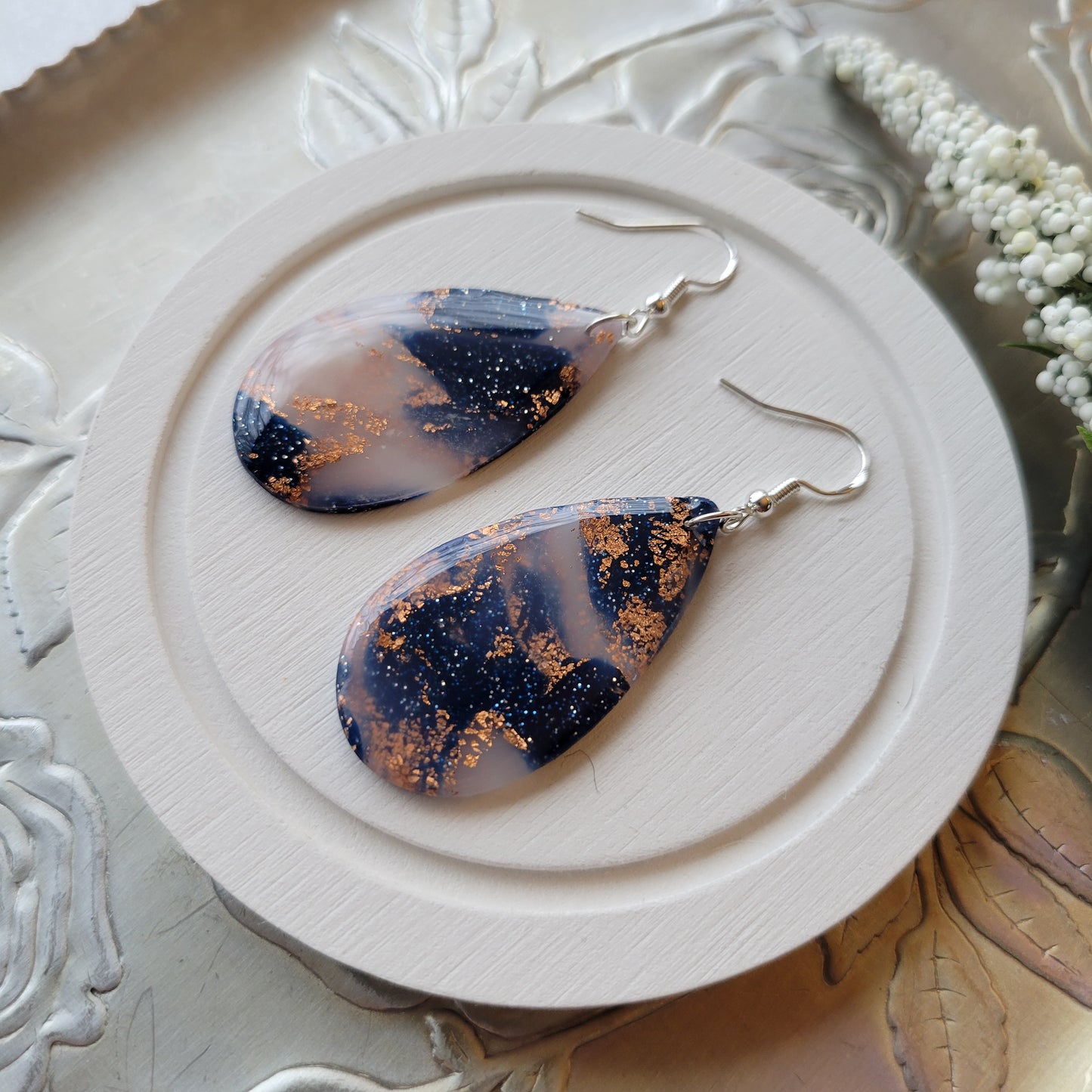 Teardrop Dangle | Navy Blue Marble