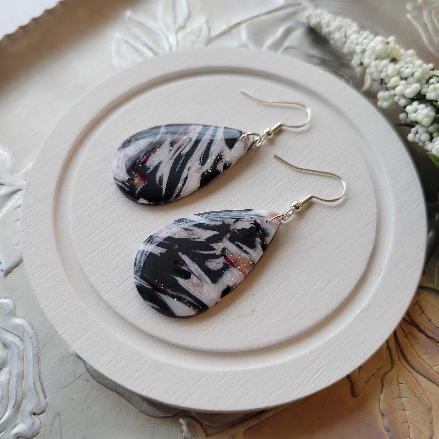 Teardrop Dangle | Black and White Marble