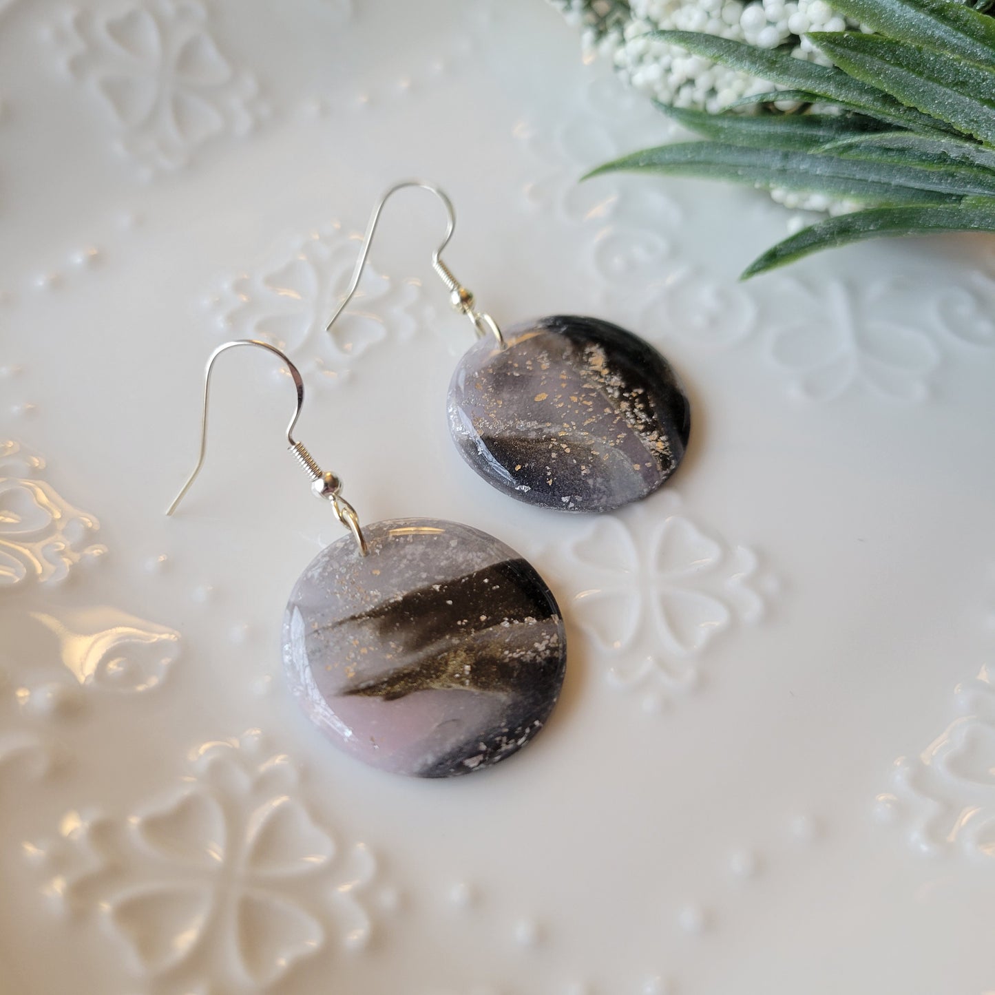 Circle Dangle | Black and Light Pink Marble