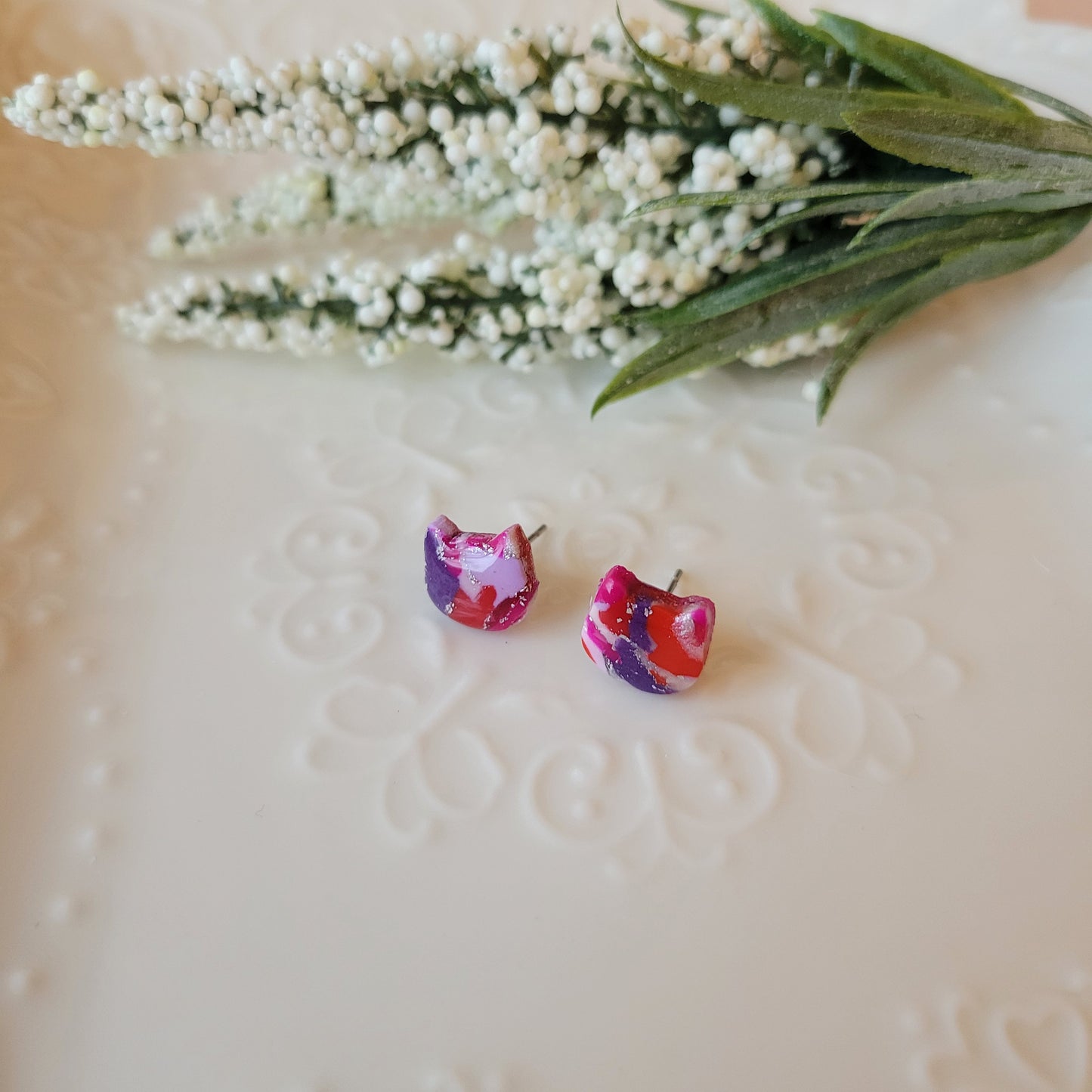 Kitty Studs | Pink and Purple Marble