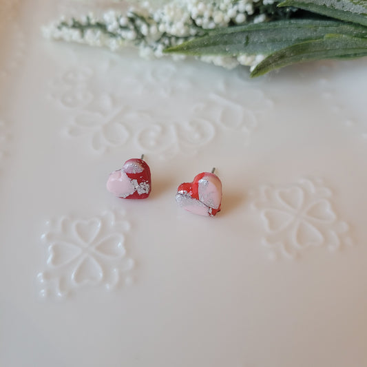 Heart Studs | Red and Pink Marble