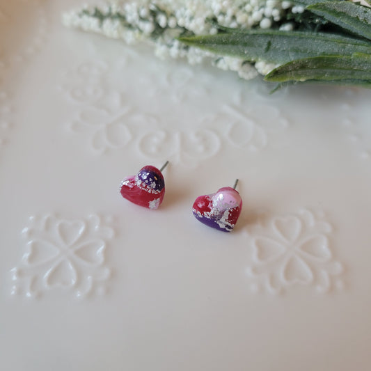 Heart Studs | Red and Purple Marble