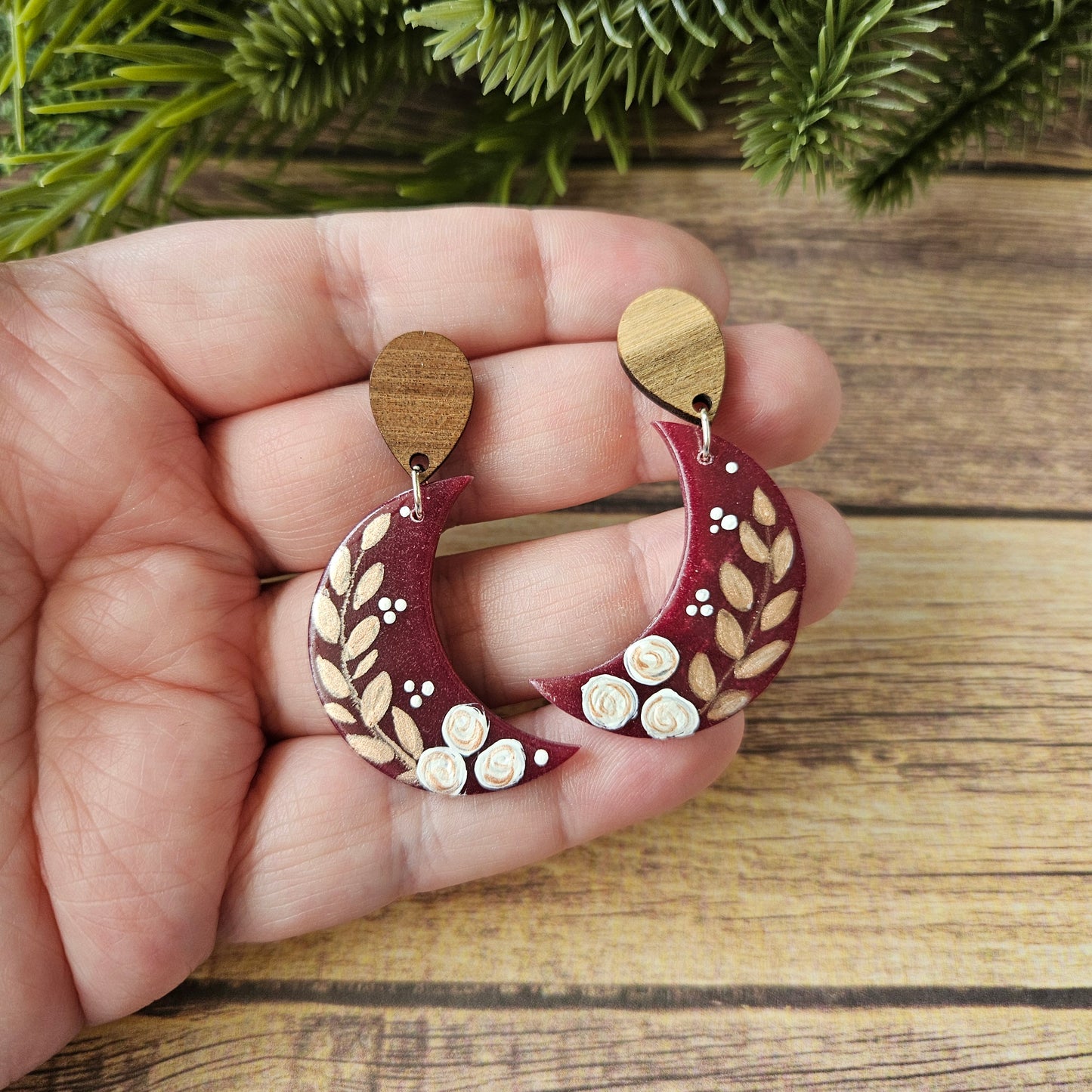 Moon Dangle | Wine Red Floral Moon