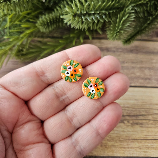 Large Circle Stud | Orange Floral