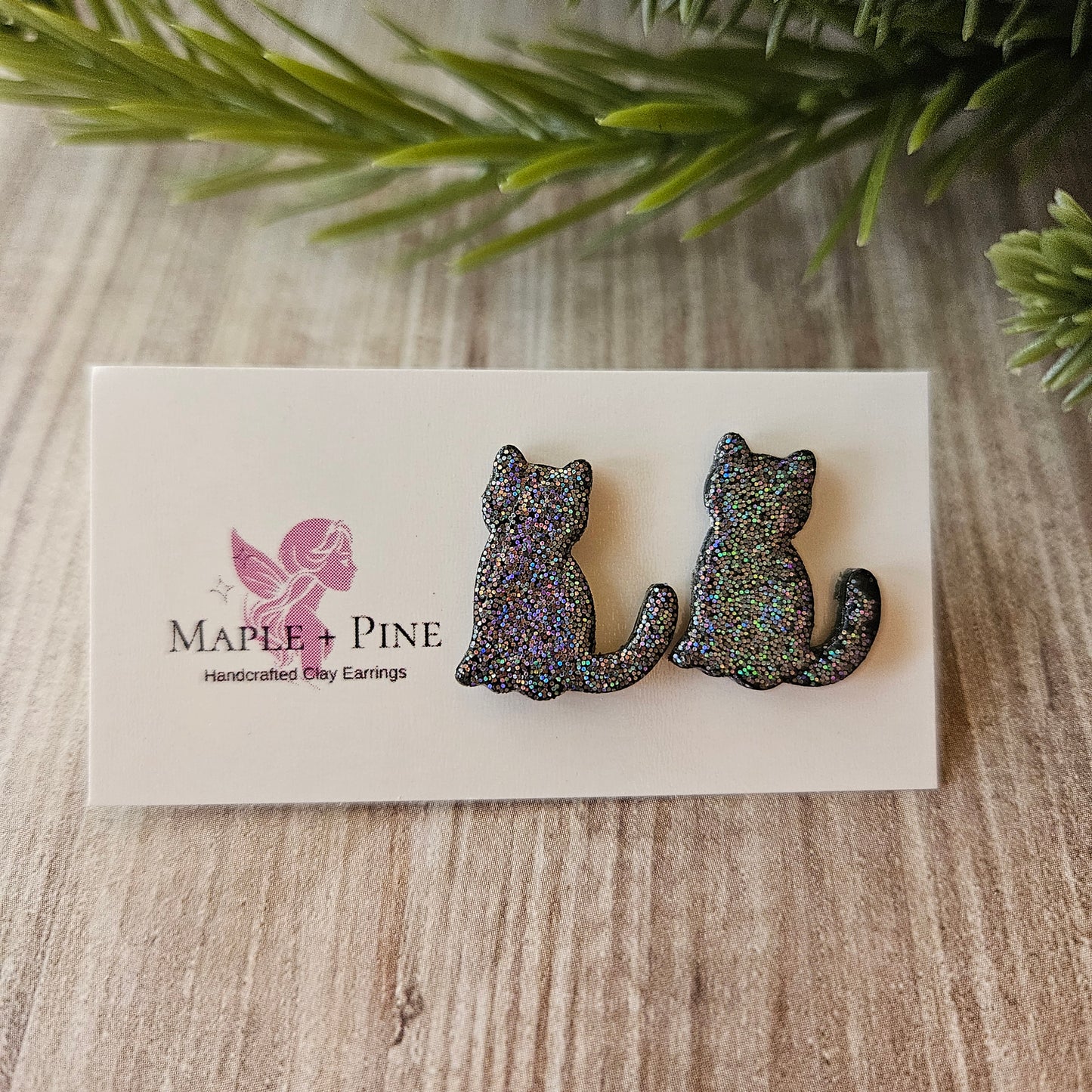 Black Sparkle Kitty Studs | Large