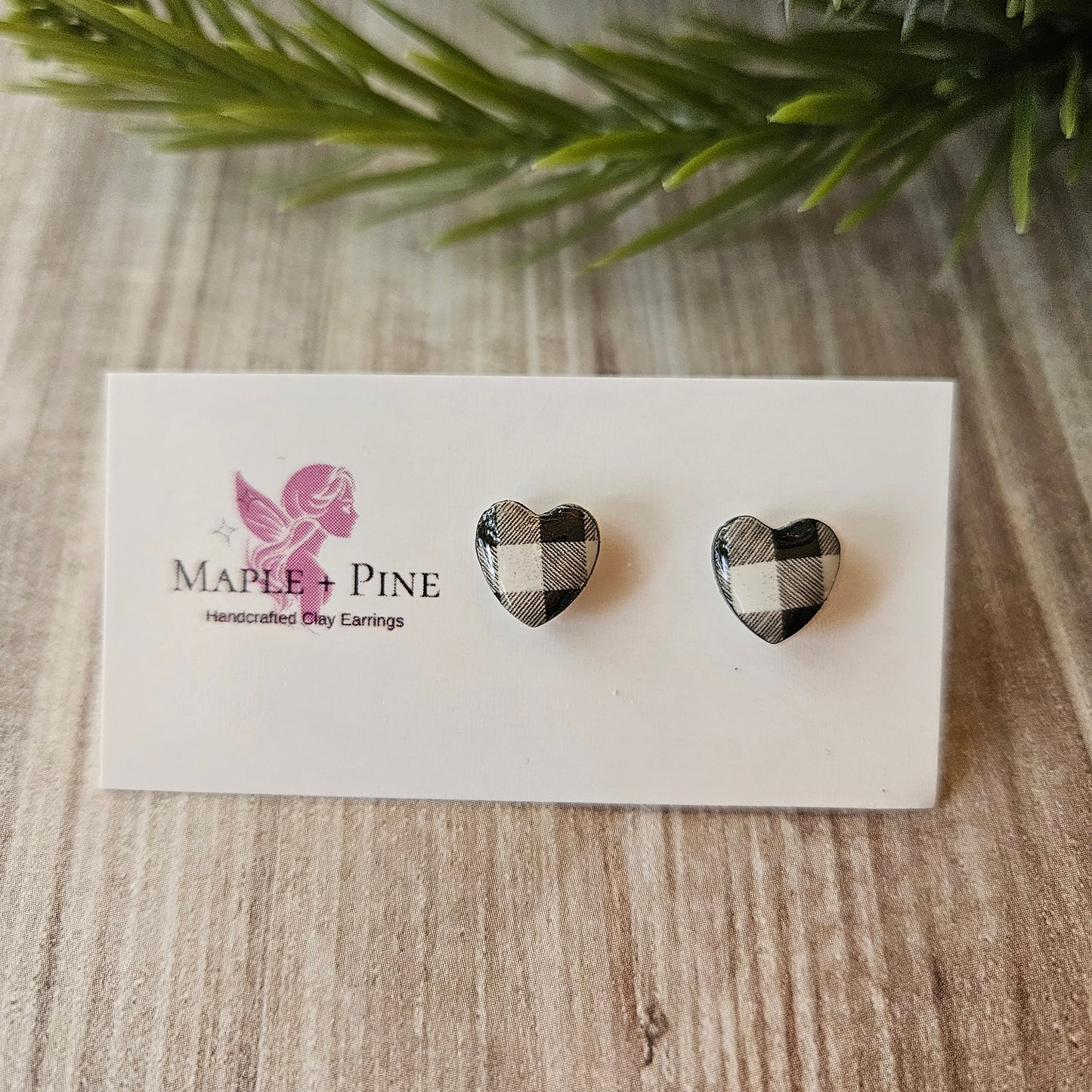 Buffalo Plaid Heart Studs | Black and White