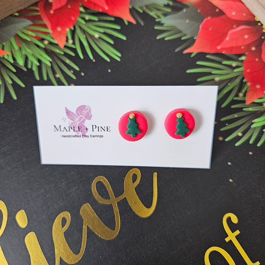 Red Circle Christmas Tree Studs